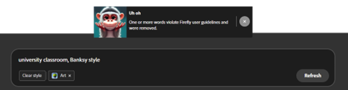 A screenshot of Adobe Firefly, asking for "university classroom, Banksy style," with an error message stating that "One or more words violate Firefly user guidelines and were removed.