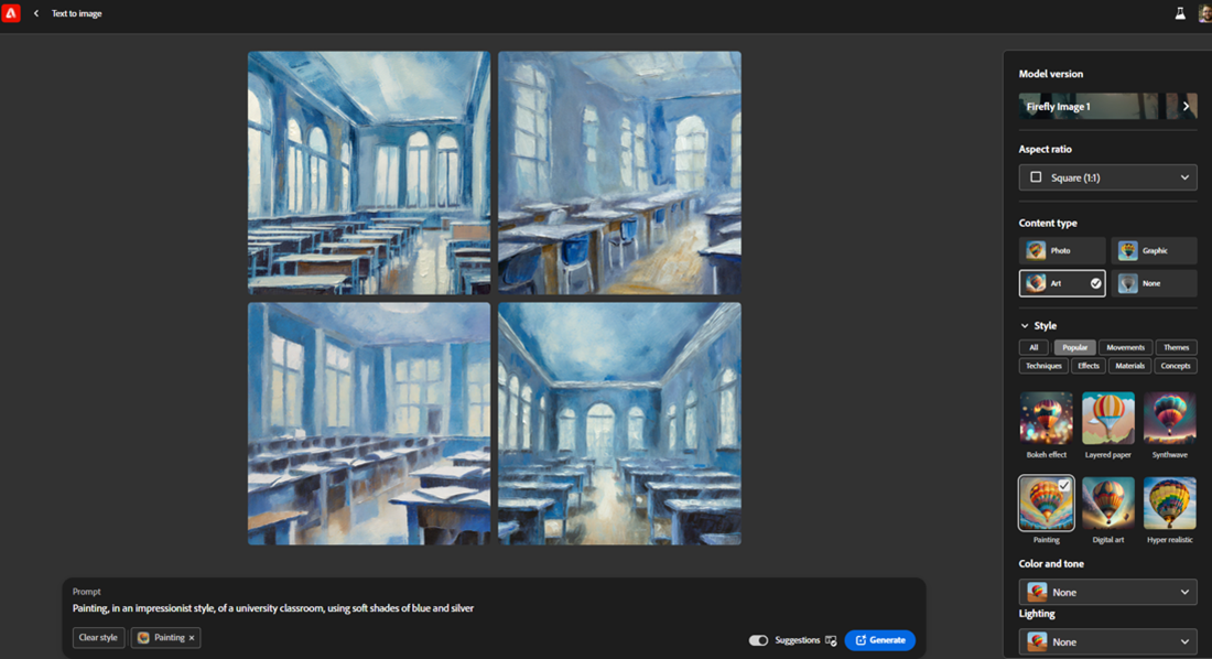 A screenshot of Adobe Firefly, with the prompt "Painting, in an impressionist style, of a university classroom, using soft shades of blue and silver," and a set of four images produced in response to the prompt.  Additional options are provided to further refine the image generation. 