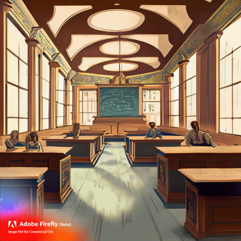 A screenshot of Adobe Firefly, of a painting of a university room with desks and people sitting at desks.
